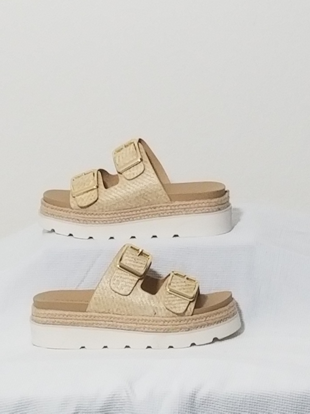 New Madden Girl Mythical Natural Raffia_Cream Double-Buckle Platform  Sandals